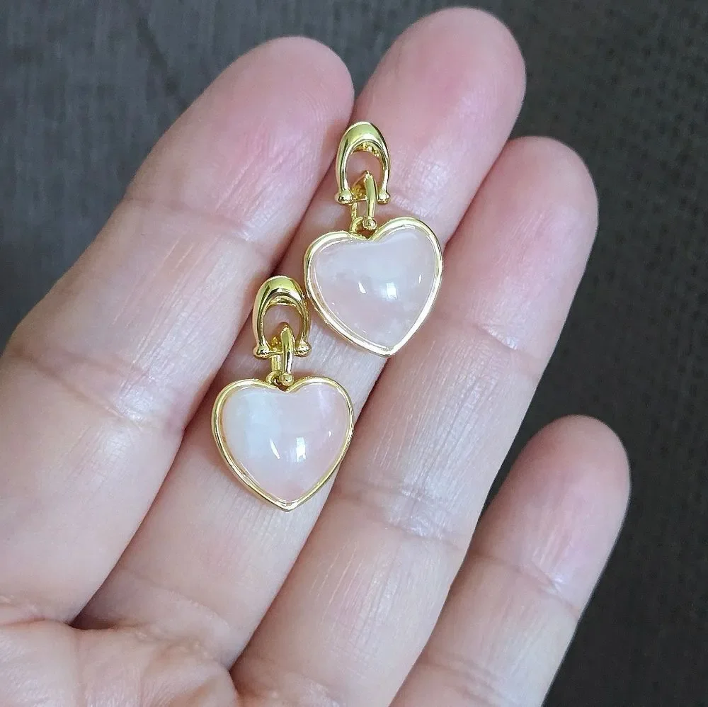 Coach Carved Rose🌹Quartz Heart💕 Drop Earrings